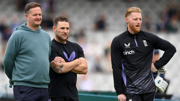 England director of men's cricket Rob Key, head coach Brendan McCullum, and Test captain Ben Stokes.