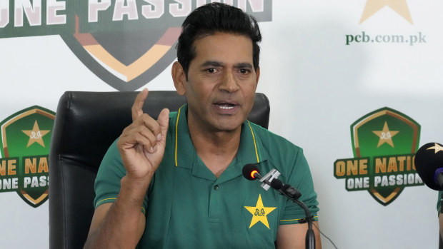 Pakistan interim head coach Aaqib Javed speaks during a press conference to announce squad for upcoming New Zealand tour, in Lahore, Pakistan, Tuesday, March 4, 2025. (AP Photo/K.M Chaudary)