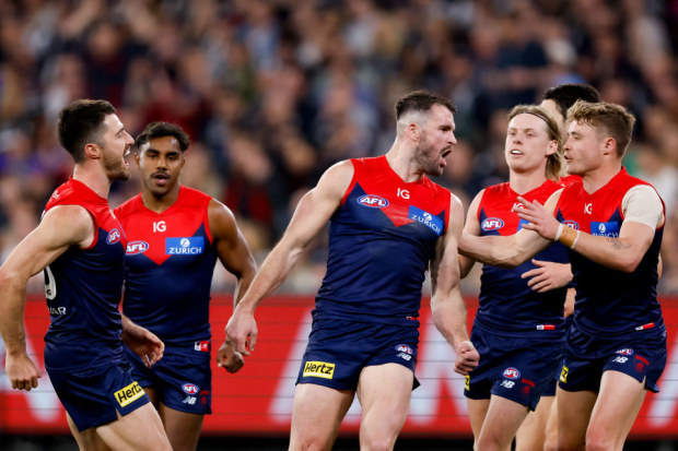 Joel Smith of the Demons celebrating a goal