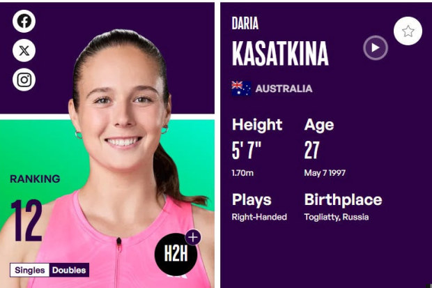Daria Kasatkina's newly updated profile on the WTA Tour website.