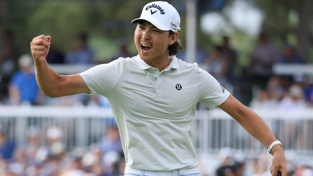 Min Woo Lee of Australia celebrates after sinking the winning putt during the final round of the Texas Children's Houston Open 2025 at Memorial Park Golf Course on March 30, 2025 in Houston, Texas. (Photo by Kenneth Richmond/Getty Images)