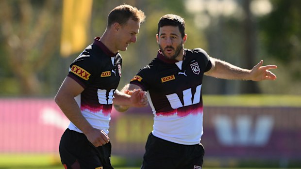 Daly Cherry-Evans and Ben Hunt during a Queensland Maroons state of origin squad training session.