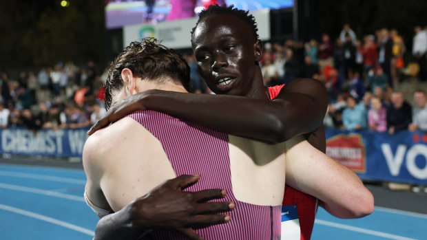 Gout Gout congratulates Lachlan Kennedy on his victory.