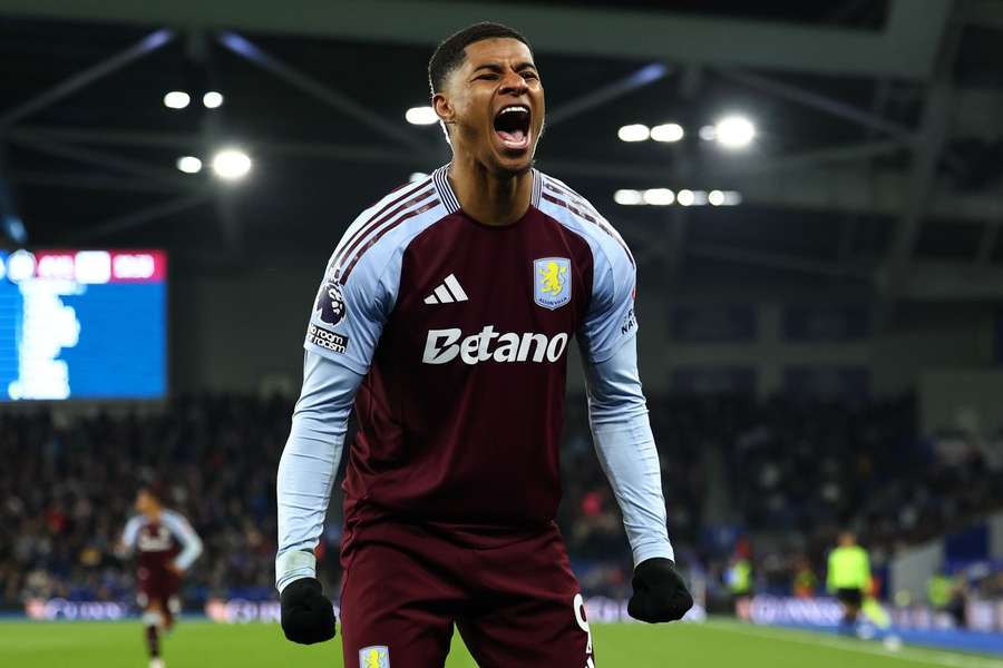 Marcus Rashford of Aston Villa celebrates after scoring a goal (0-1) against Brighton & Hove Albion