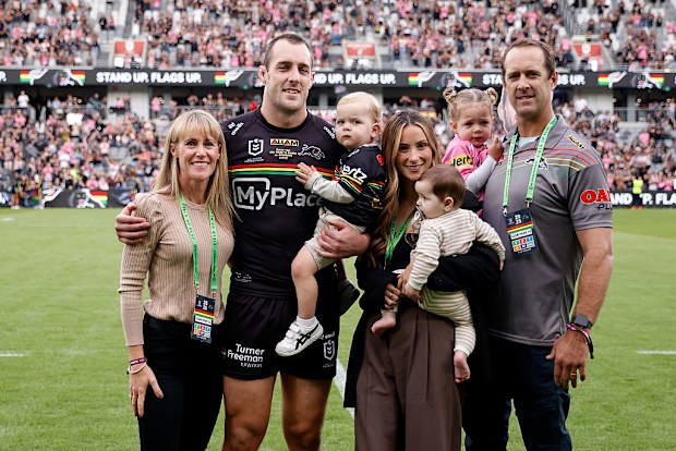 Isaah Yeo of the Panthers poses with his family to celebrate his 250th NRL game.