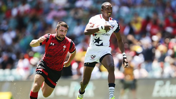 Perry Baker takes flight during the 2016 Sydney Sevens at Allianz Stadium.