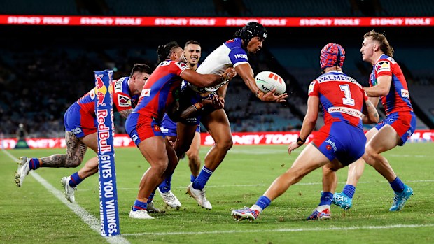 Stephen Crichton being tackled by Knights defence.