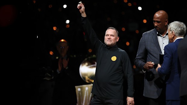 Michael Malone has his championship ring during the season’s opening ceremony