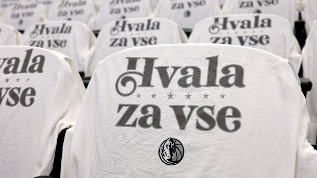 View of shirts arranged on seats ahead of Luka Doncic's return