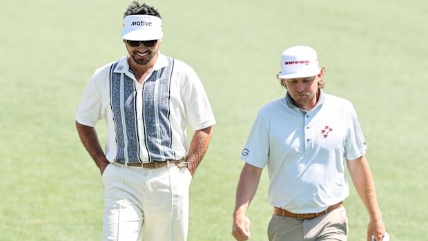Jason Day and Cameron Smith of Australia walk on the 15th hole during a practice round prior to the 2025 Masters Tournament at Augusta National Golf Club on April 08, 2025 in Augusta, Georgia. (Photo by Michael Reaves/Getty Images)