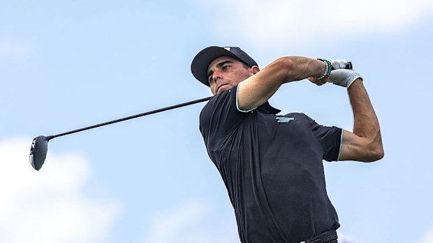 Captain Joaquin Niemann of Torque GC hits his shot from the eighth tee during Day Two of LIV Golf Miami.