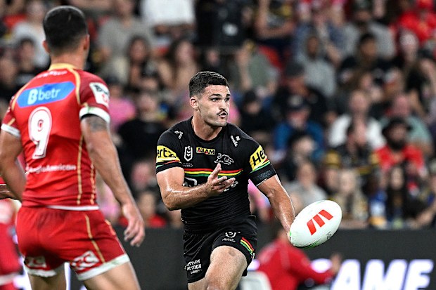 Nathan Cleary of the Panthers passes the ball.