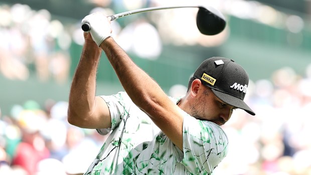 Jason Day of Australia plays his shot from the 14th tee during the first round of the 2025 Masters Tournament at Augusta National Golf Club on April 10, 2025 in Augusta, Georgia. (Photo by Richard Heathcote/Getty Images)