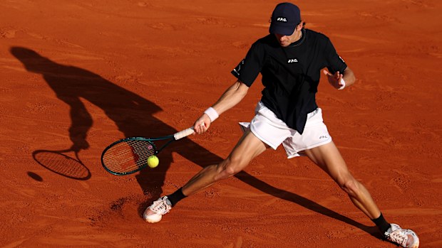 Alex de Minaur of Australia plays a forehand in his match against Daniil Medvedev during day five of the Rolex Monte-Carlo Masters at Monte-Carlo Country Club on April 10, 2025 in Monte-Carlo, Monaco. (Photo by Clive Brunskill/Getty Images)