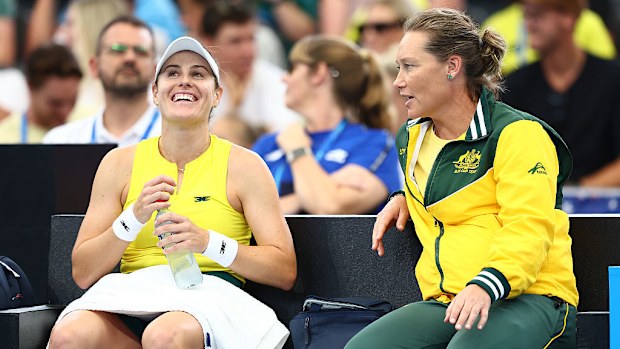 Australian captain Sam Stosur and Kimberly Birrell during their match.