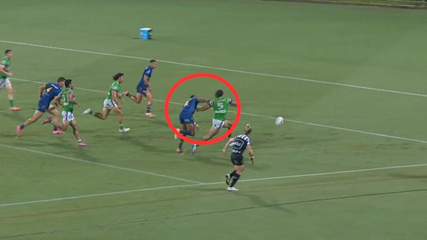 Josh Addo-Carr makes contact with Xavier Savage.