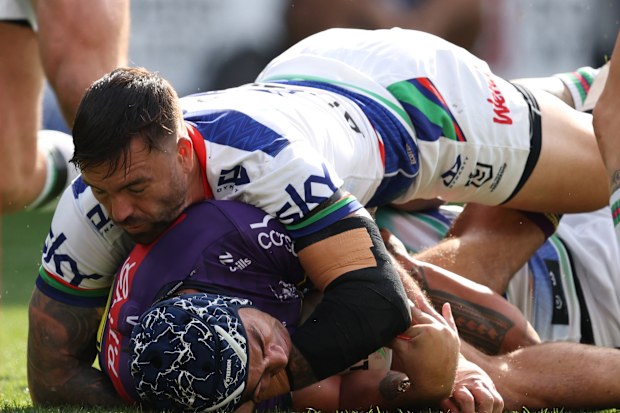 Jahrome Hughes of the Storm is tackled by Wayde Egan.