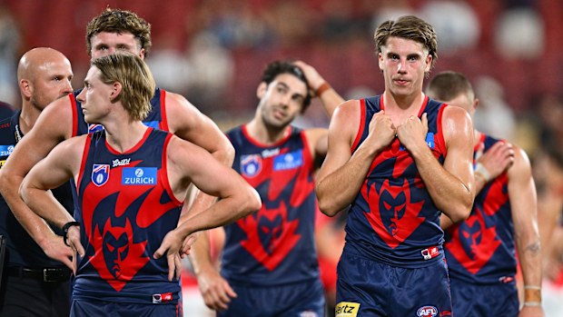 Caleb Windsor of the Demons looks on after the loss during the round five AFL match between Melbourne Demons and Essendon Bombers 