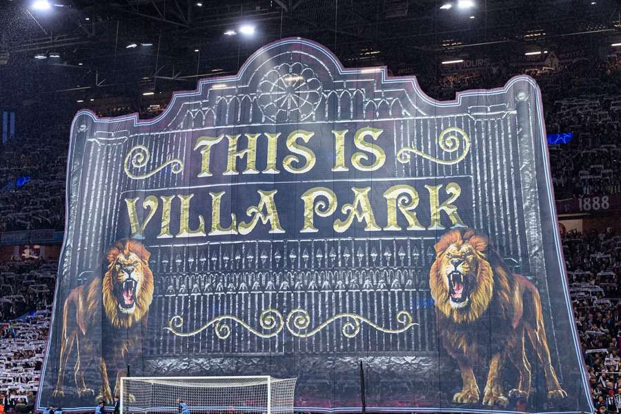 A huge tifo is unfurled at Villa Park ahead of the Aston Villa vs PSG Champions League quarter-final second-leg tie