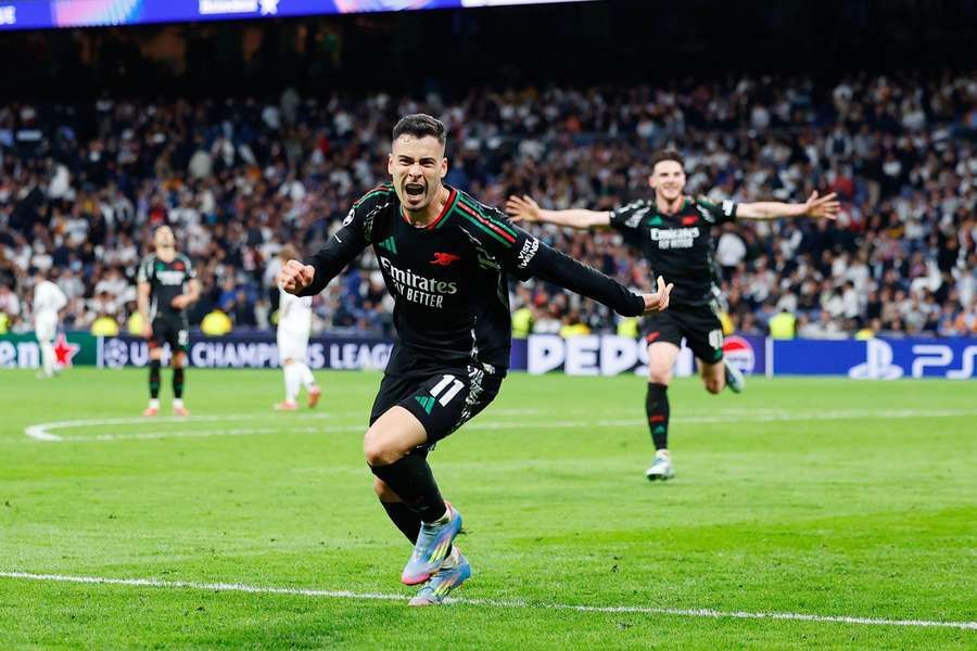 Arsenal's Gabriel Martinelli celebrates his winning goal during the 1-2 victory over Real Madrid in the Champions League quarter final 2nd leg on 16 April, 2025