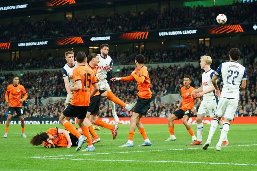 Tottenham's Rodrigo Bentancur heading the ball towards goal during the Europa League game against Eintracht Frankfurt on 10 April, 2025