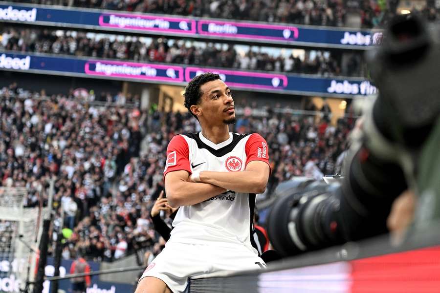 Eintracht Frankfurt's Hugo Ekitike after scoring against Heidenheim on April 13, 2025