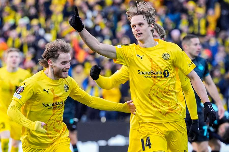 Bodo/Glimt's Ulrik Saltnes celebrates scoring against Lazio in the first leg