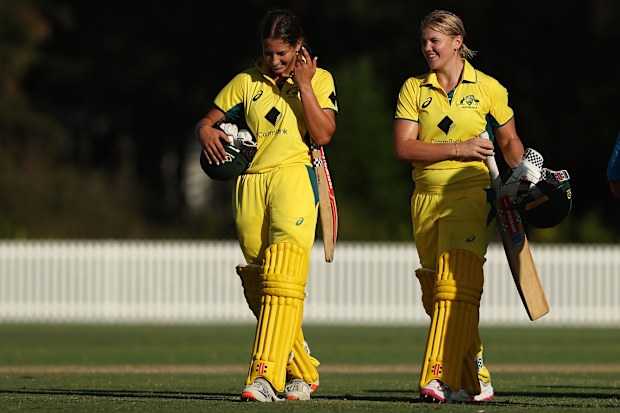 Georgia Voll (right) and Tess Flintoff playing for Australia A.