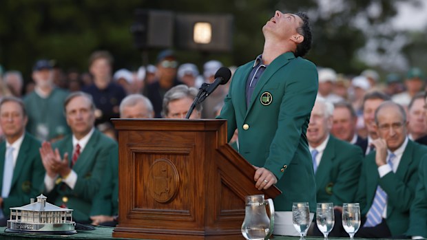 Rory McIlroy of Northern Ireland reacts as he speaks during the Green Jacket Ceremony after the final round of the 2025 Masters Tournament at Augusta National Golf Club on April 13, 2025 in Augusta, Georgia. (Photo by Harry How/Getty Images)