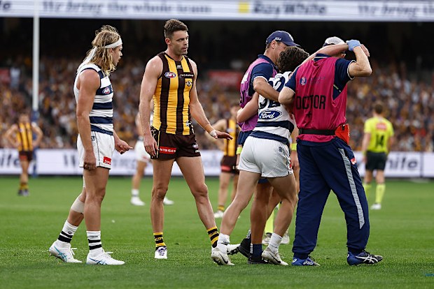 Conor Nash of the Hawks is seen as Gryan Miers of the Cats is taken from the field.