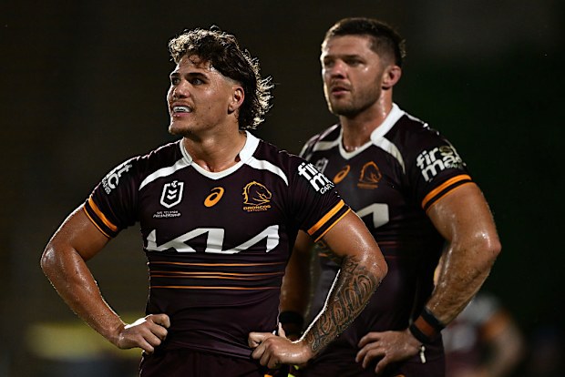 Reece Walsh of the Broncos looks on