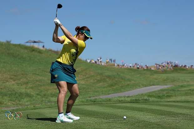 Hannah Green of Team Australia tees off on the seventh hole during Day Four of the Women's Individual Stroke Play in the Olympic Games Paris 2024.