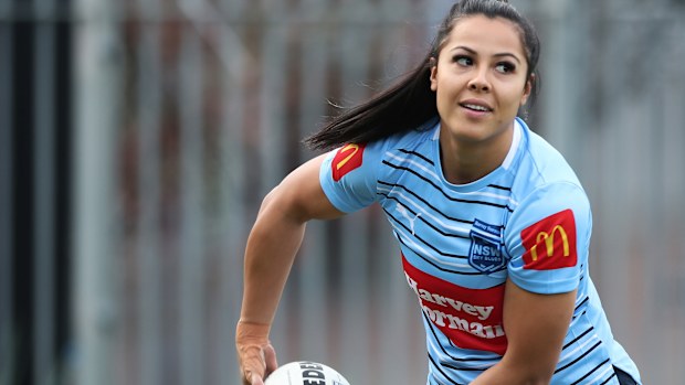 Tiana Penitani passes during the New South Wales State of Origin media opportunity at NSWRL Centre of Excellence, on June 18, 2021 in Sydney, Australia.