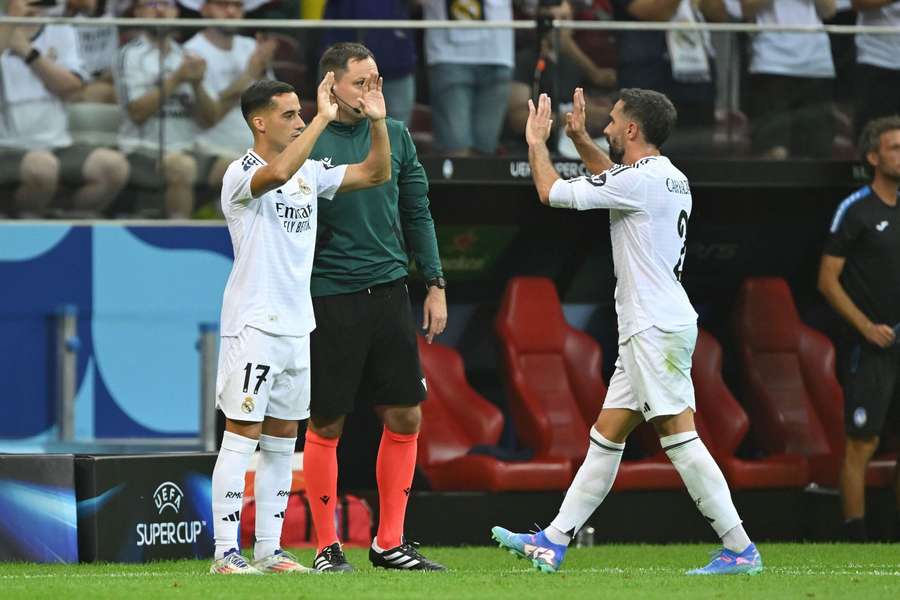 Real Madrid's Lucas Vazquez and Dani Carvajal during the UEFA Super Cup game against Atalanta