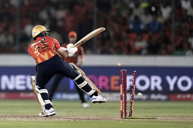 Punjab Kings' Glenn Maxwell is bowled out by Harshal Patel from Sunrisers Hyderabad during an IPL match