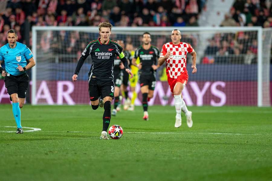 Arsenal's Martin Odegaard in action during the Champions League match against Girona at Estadio Municipal de Montilivi on January 29, 2025.