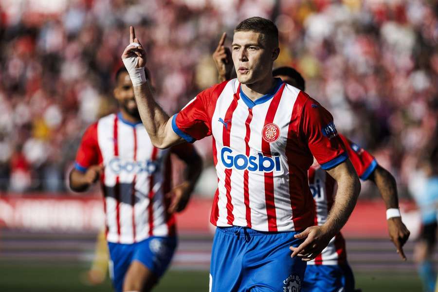 Girona's Artem Dovbyk celebrates scoring against Barcelona on May 4, 2024