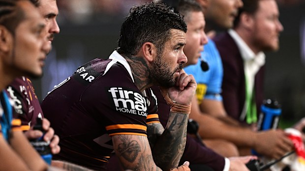 Adam Reynolds of the Broncos is seen watching on from the sideline during the round five NRL match between Brisbane Broncos and Wests Tigers at Suncorp Stadium, on April 05, 2025, in Brisbane, Australia. (Photo by Bradley Kanaris/Getty Images)
