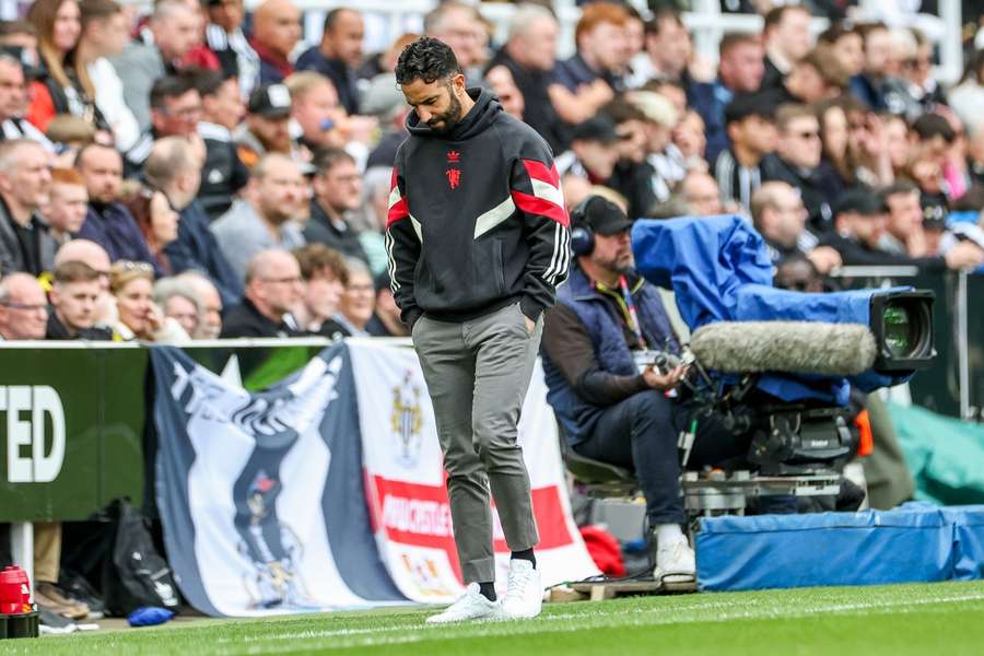Man United's Ruben Amorim looks dejected during the match against Newcastle on 13th April 2025