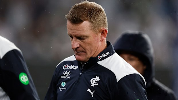 Michael Voss, Senior Coach of the Blues looks on during the 2025 AFL Round 04 match between the Collingwood Magpies and the Carlton Blues