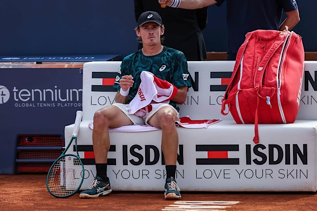 Alex de Minaur of Australia in action against Carlos Alcaraz of Spain.
