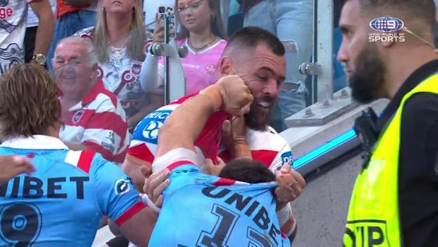 David Klemmer and Victor Radley almost clashed during the Anzac Day match between the Roosters and Dragons.