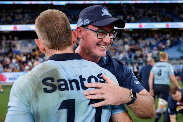 Waratahs Coach Dan McKellar with player Max Jorgensen.
