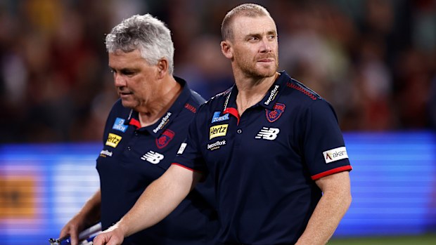 Simon Goodwin, Senior Coach of the Demons looks dejected after a loss during the match between the Melbourne Demons and the Essendon Bombers at Adelaide Oval.