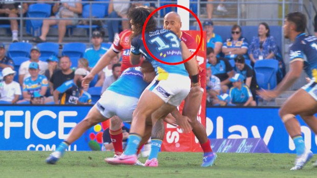 Titans captain Tino Fa'asuamaleaui was sent to the sin bin for a high shot on his Dolphins opposite Felise Kaufusi.