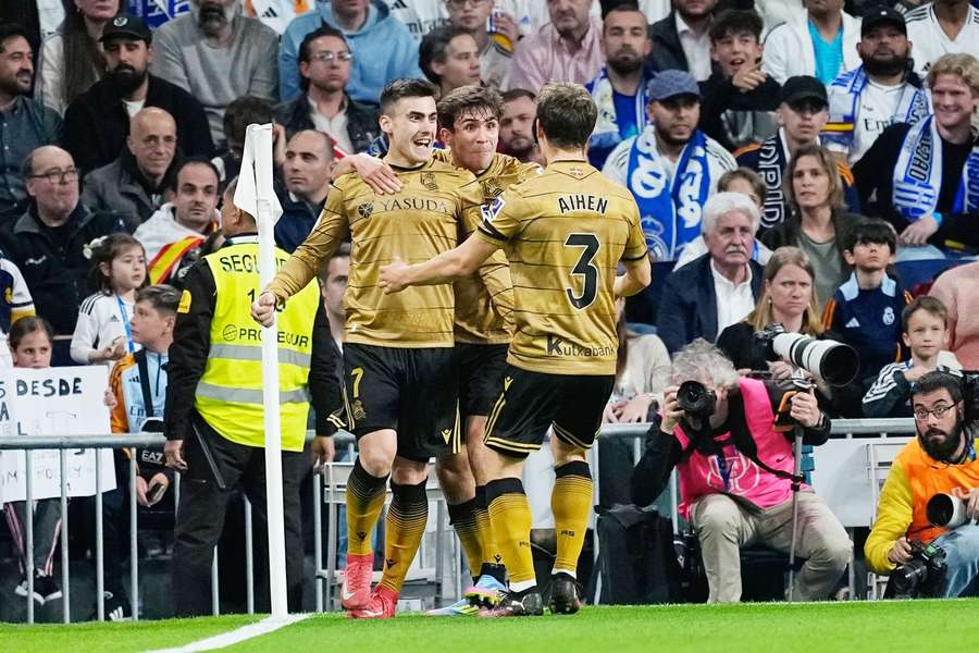 Ander Barrenetxea of Real Sociedad celebrates a goal during the Copa del Rey semi-final 2nd leg against Real Madrid on 1 April 2025 at Santiago Bernabéu stadium