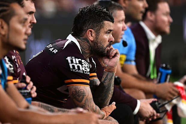 Adam Reynolds of the Broncos observing from the sidelines during the round five NRL match against Wests Tigers, on April 05, 2025, in Brisbane, Australia. (Image by Bradley Kanaris/Getty Images)
