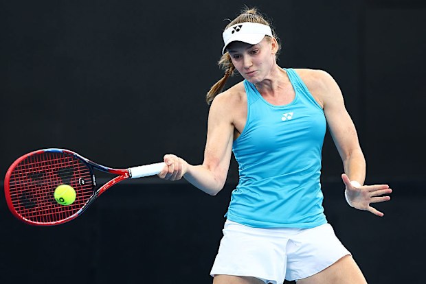 Elena Rybakina of Kazakhstan plays a shot in her match against Kimberly Birrell of Australia in their 2025 Billie Jean King Cup Qualifier tie between Australia and Kazakhstan.