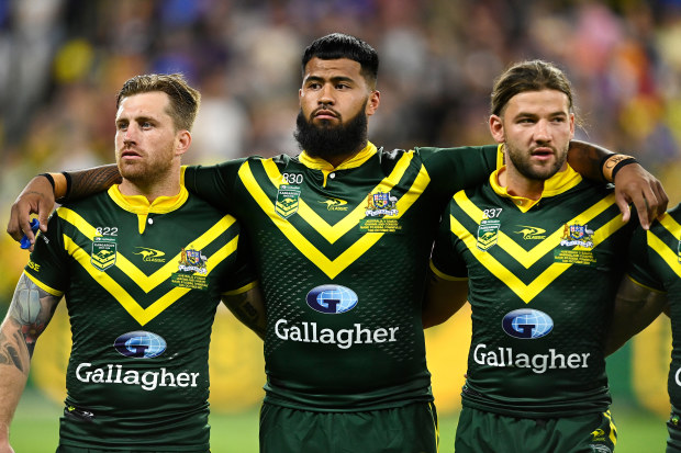 From left: Cameron Munster, Payne Haas and Patrick Carrigan of the Australian Kangaroos.