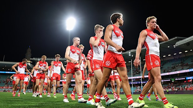Isaac Heeney and his Sydney teammates exit the field following their defeat against Port Adelaide at the Sydney Cricket Ground on April 20, 2025. (Photo by Cameron Spencer/Getty Images)
